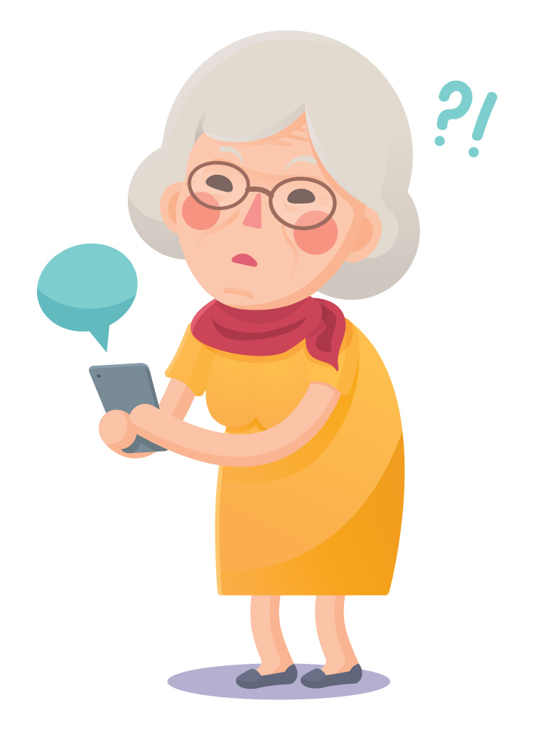 Illustration of Senior lady holding cell phone with question mark